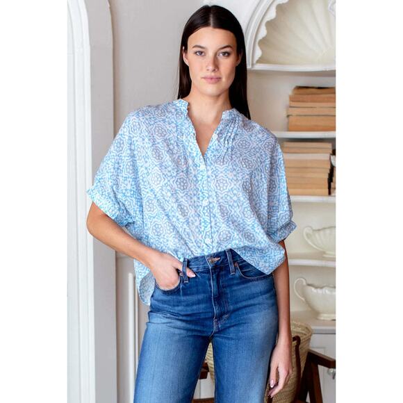 Emerson Fry Tops - Emerson Fry India Collective - mandarin collar top - geo flower blue - OS